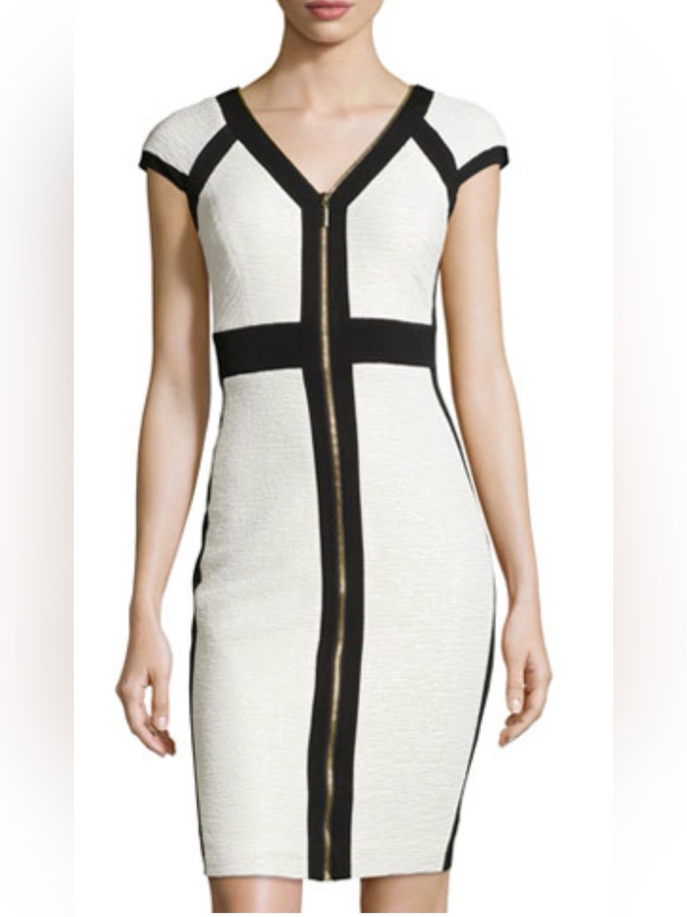 Women's Cache Black and White Cap Sleeve Sheath Dress - 4